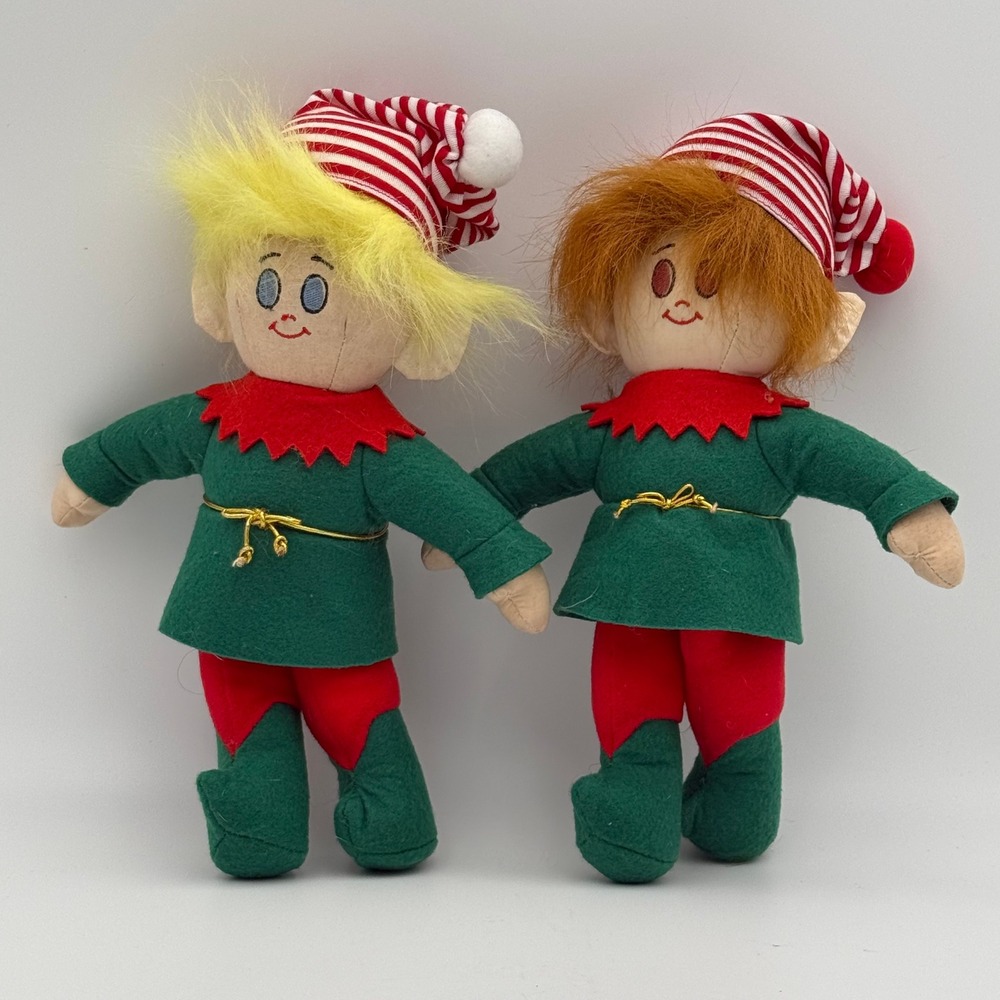 Vintage 1994 Dakin Richie Bear Christmas Elf Plush Dolls Pair Green Red 11 Inch